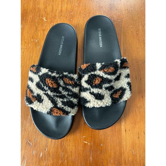 Steve Madden | Shoes | Steve Madden Cheetah Print Furry Sherpa Slides  Sandals | Poshmark